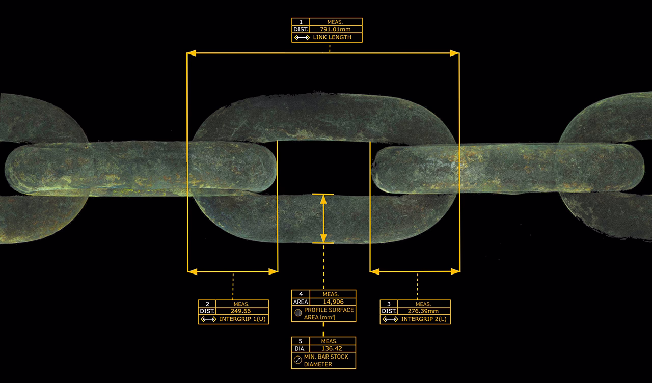 Photogrammetry dimensional analysis and assessment subsea mooring chain